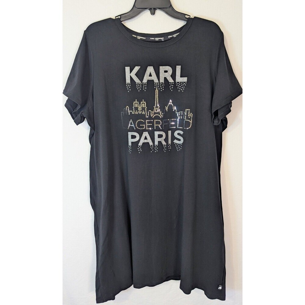 Karl Lagerfeld Paris Black Rhinestone Paris Skyline T-Shirt Dress Plus 1X